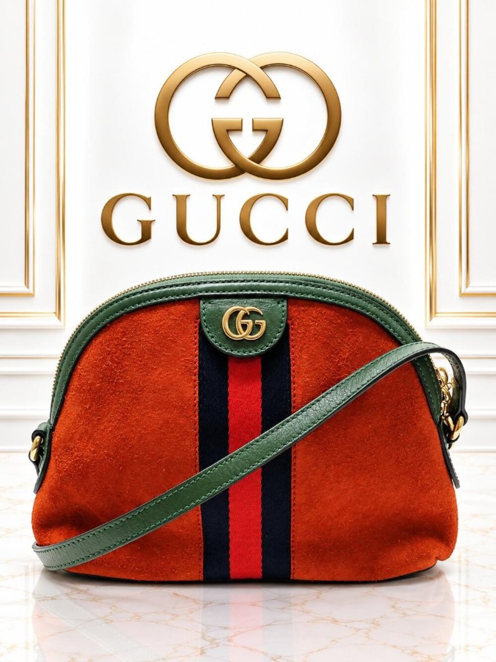 Authentic Gucci Ophidia GG Suede Web Stripe Dome Crossbody Shoulder Bag